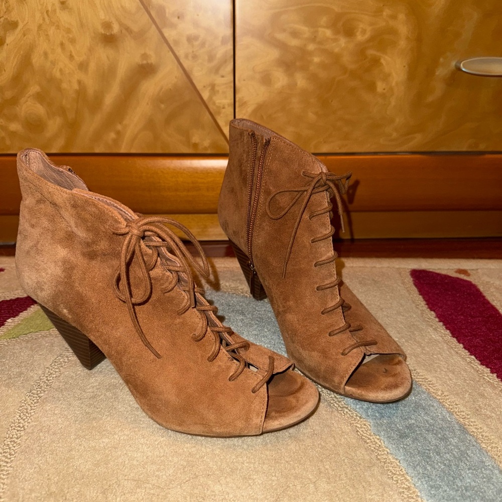 Vince Camuto Tan Suede Peep-Toe Heeled Boots
